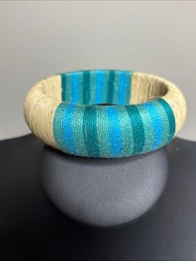 Boho Resort Hand-Wrapped Blue & Natural Straw Bangle Bracelet